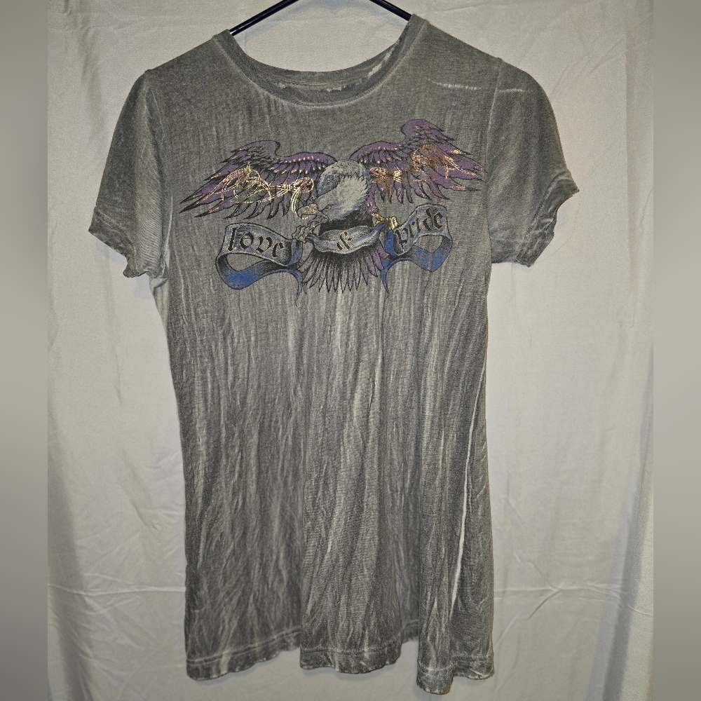 Sinful by Affliction Love and Pride tshirt size MD grey blue‎ and purples